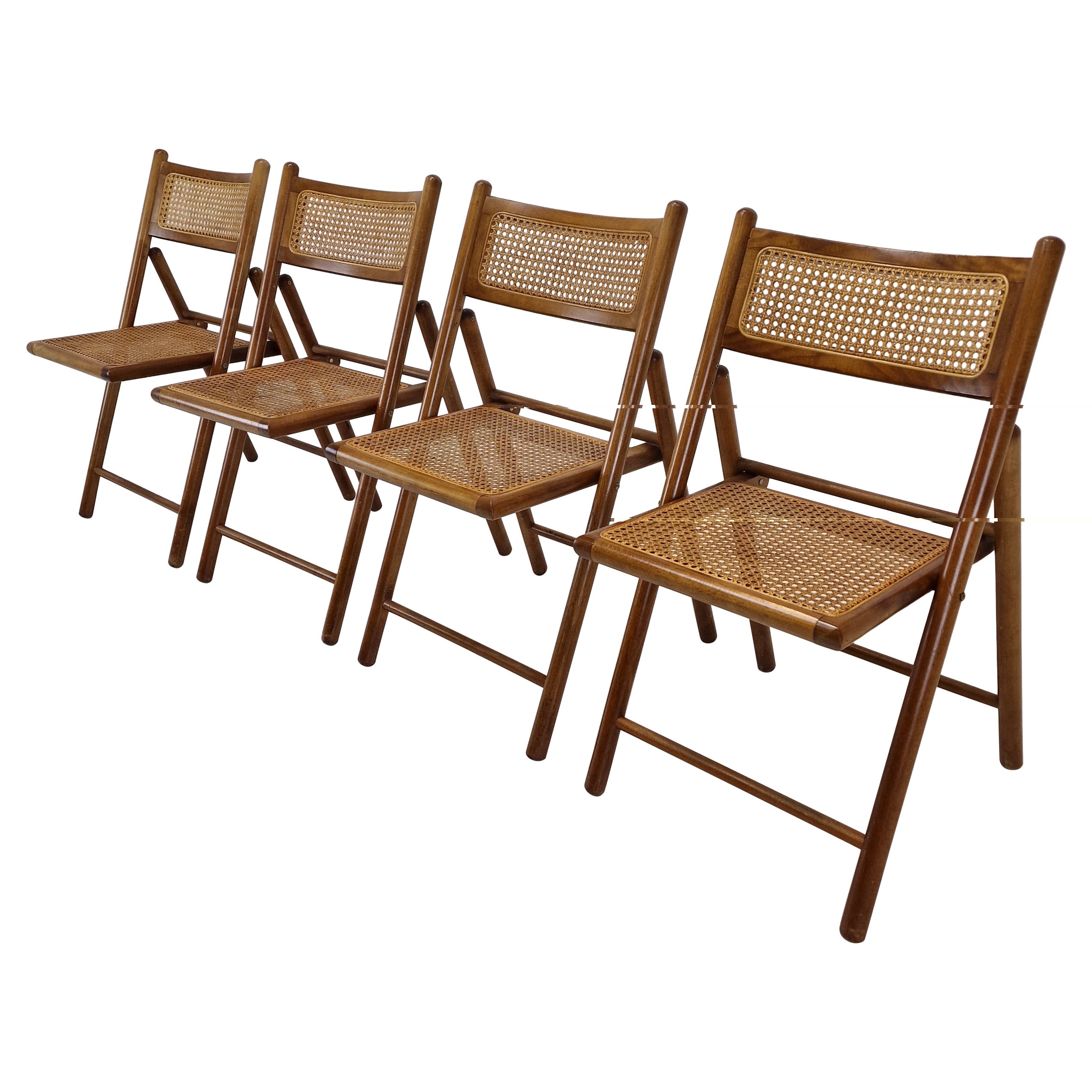 Set of 4 Italian Folding Chairs with Rattan, 1980s