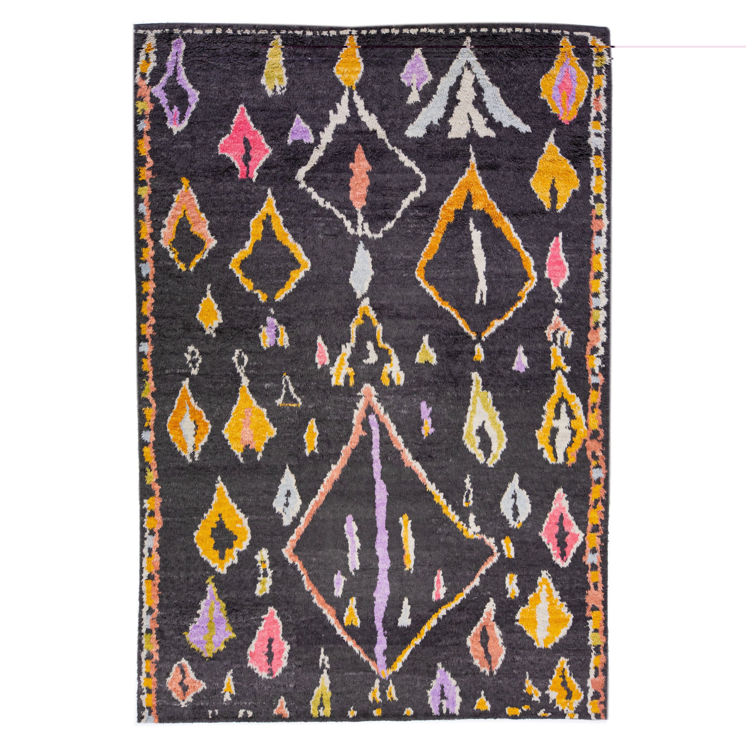 Charcoal Modern Moroccan Style Wool Rug with Multicolor Motif
