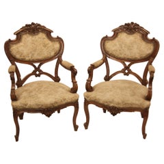 Antique Pair of French Carved Walnut Armchairs