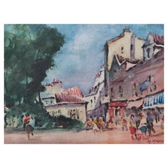 Retro French Modernist Cubist Painting Vibrant Street Scene