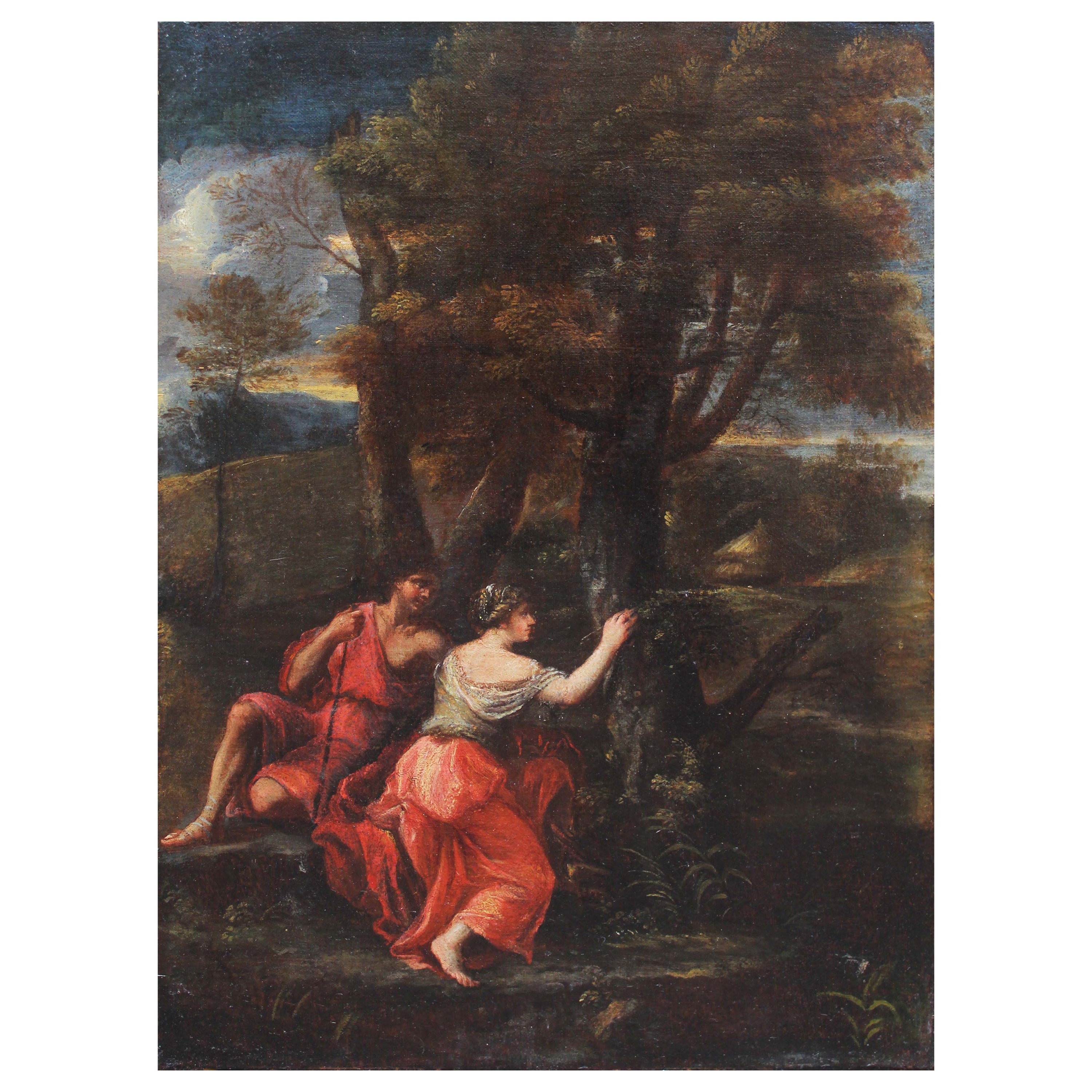 17th Century Angelica and Medoro Painted Oil on Canvas Roman School For Sale