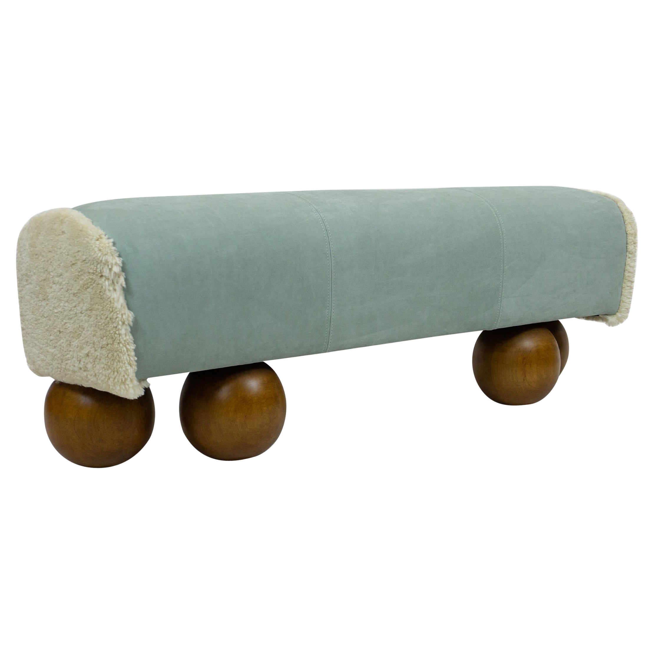 Walnut Ball Foot Bench with Leather Saddle Shaped Seat, Customizable For Sale