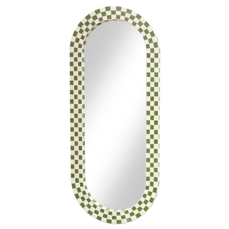 Modern Checkered Mosaic Oval Mirror with Green and Ivory Glass by