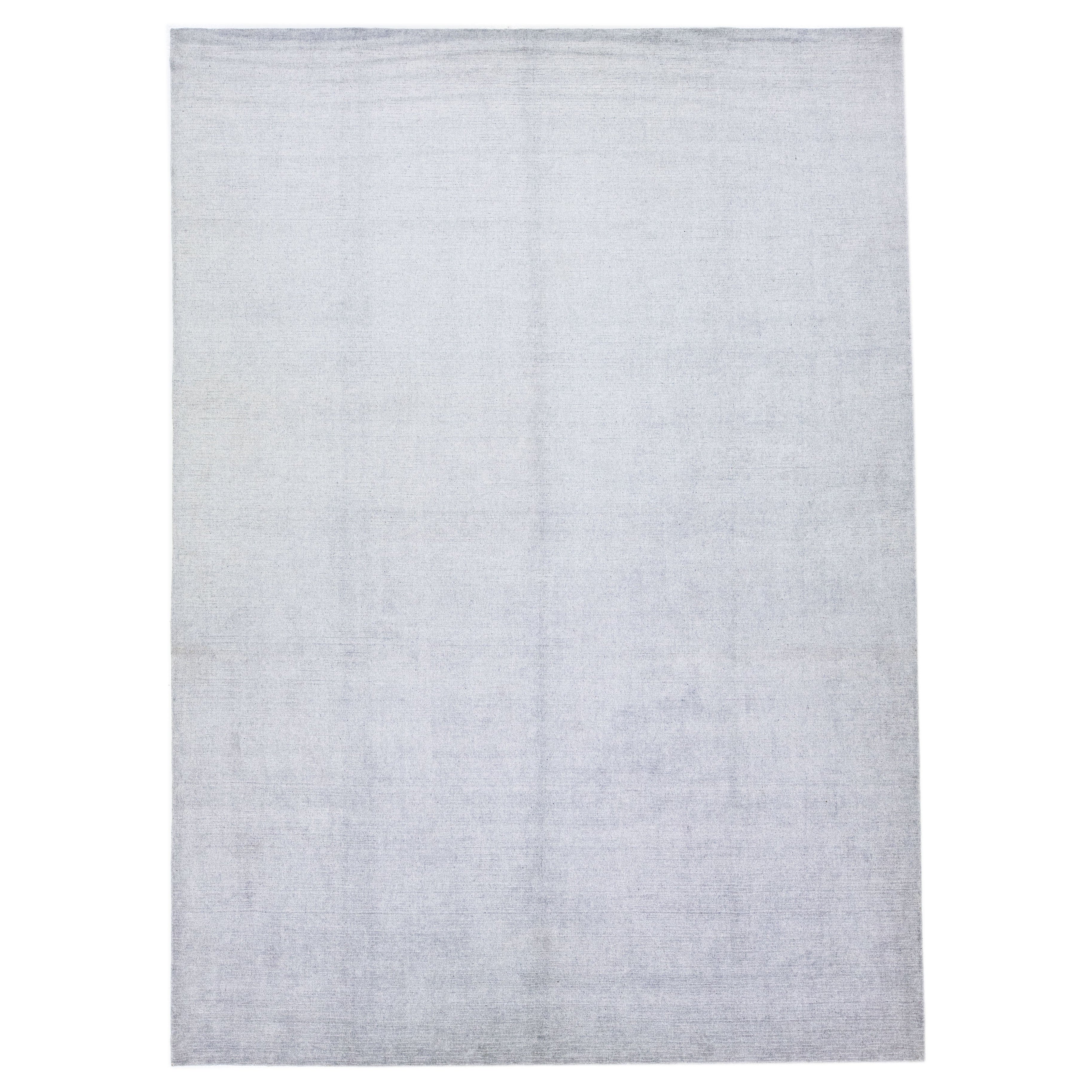 Contemporary Solid Gray Handmade Wool & Silk Rug For Sale