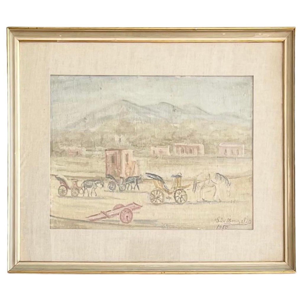 Vintage 1950 "Carriages in Ischia" Oil Painting by Luigi De Angelis, Framed For Sale