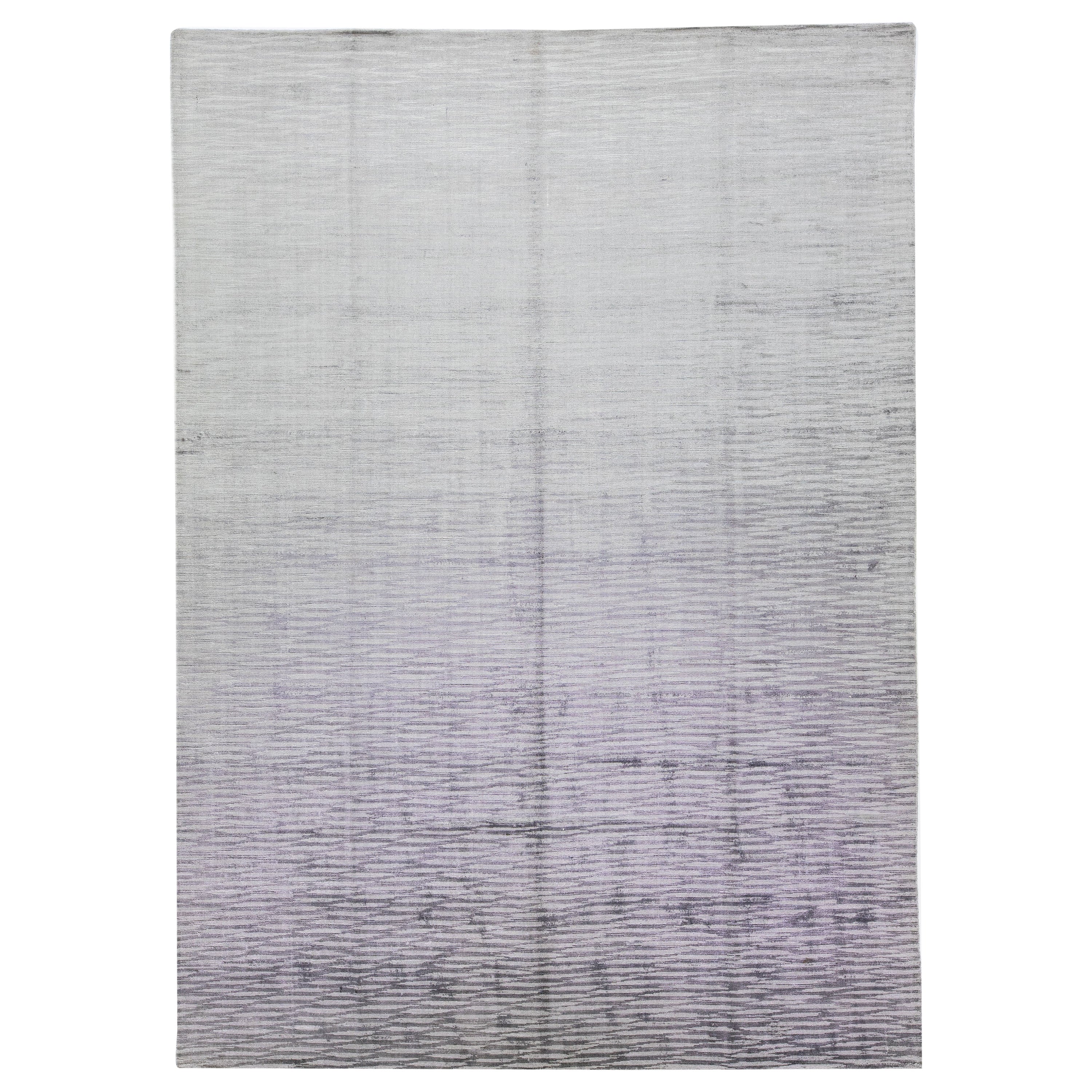 Handmade Modern Wool & Silk Rug with Gray-Silver Abstract Motif 