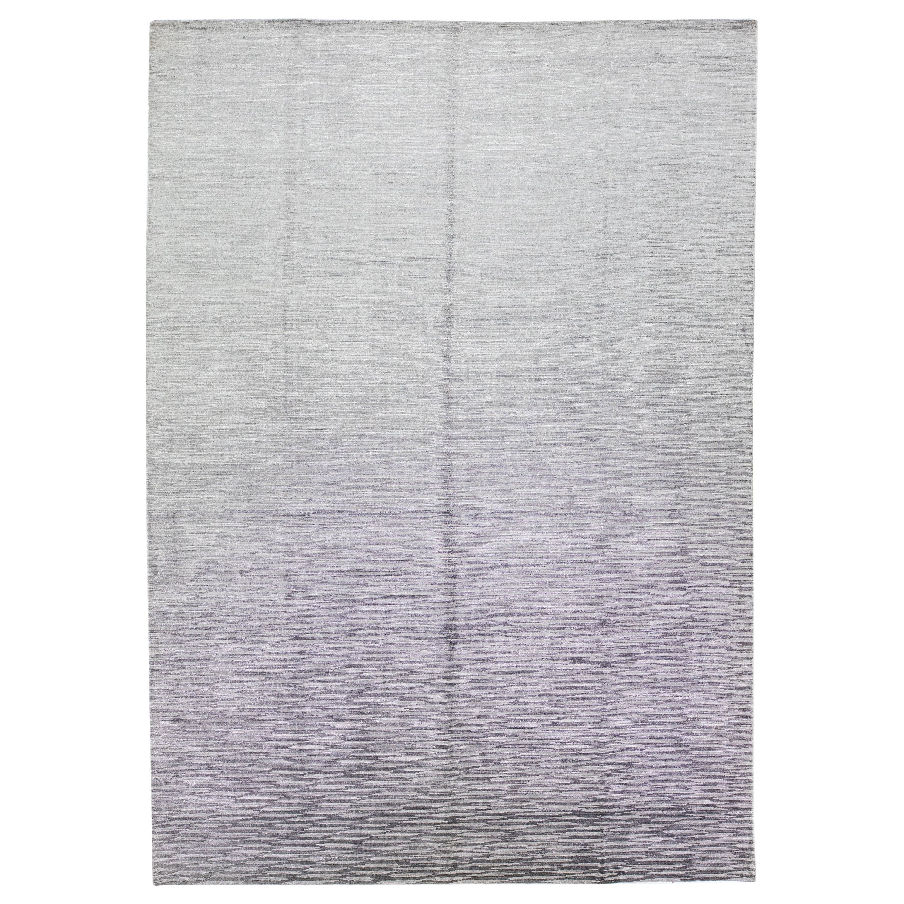 Contemporary Handmade Gray Wool & Silk Rug with Abstract Pattern For Sale