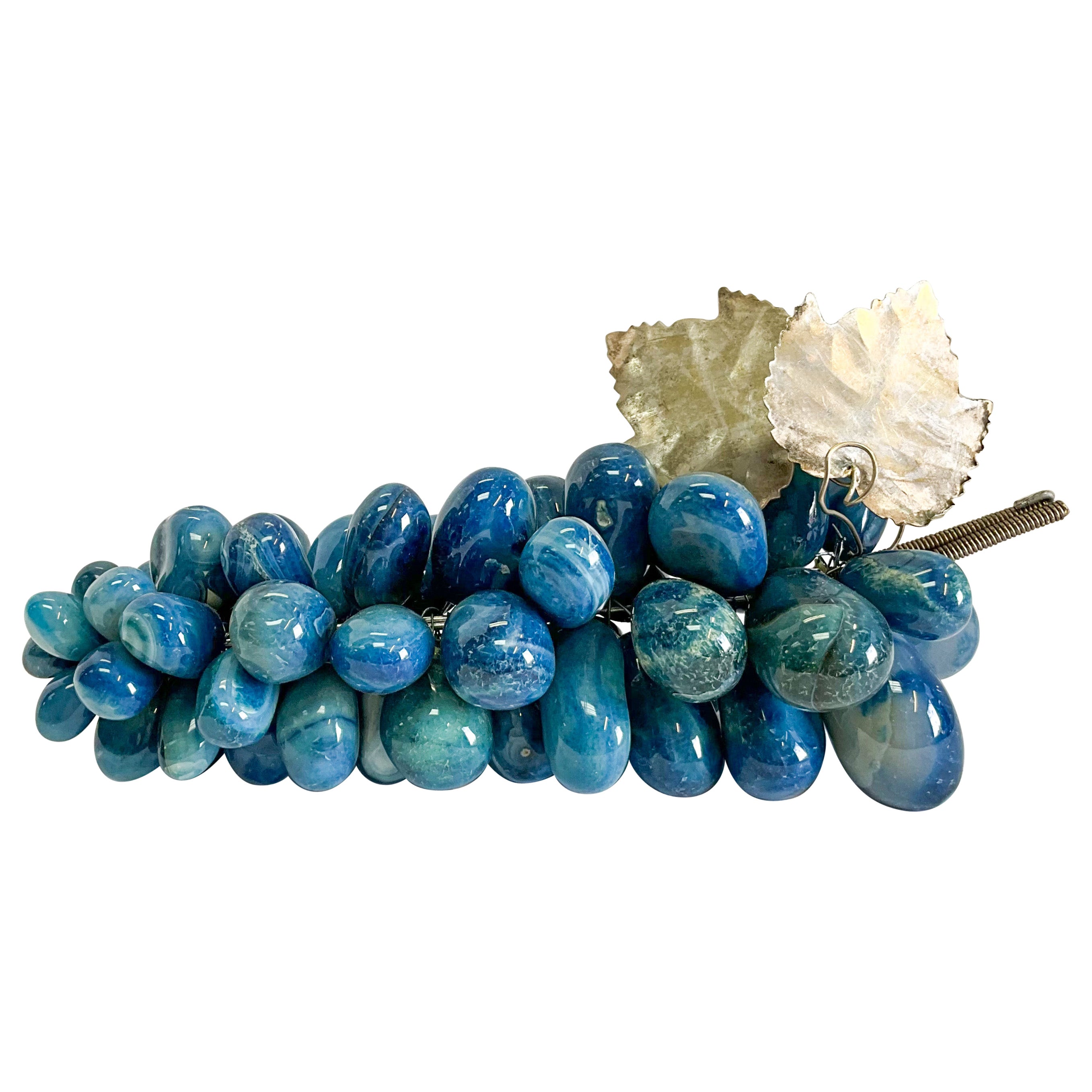 Midcentury Hollywood Regency Blue Stone / Agate Table Grapes with Silver Leaves For Sale