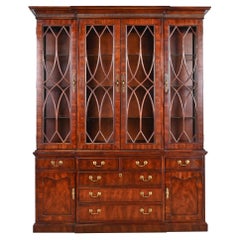 Georgian Carved Mahogany Lighted Breakfront Bookcase Cabinet by Thomasville