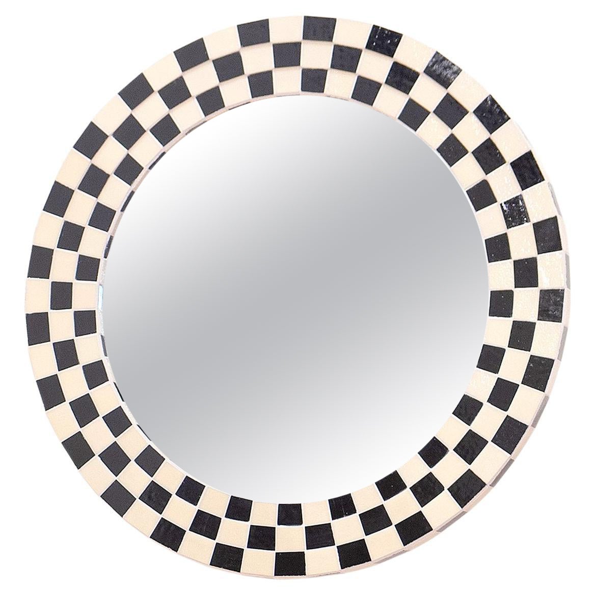 Modern Checkered Mosaic Circle Mirror with Black and Ivory Glass by Ercole Home