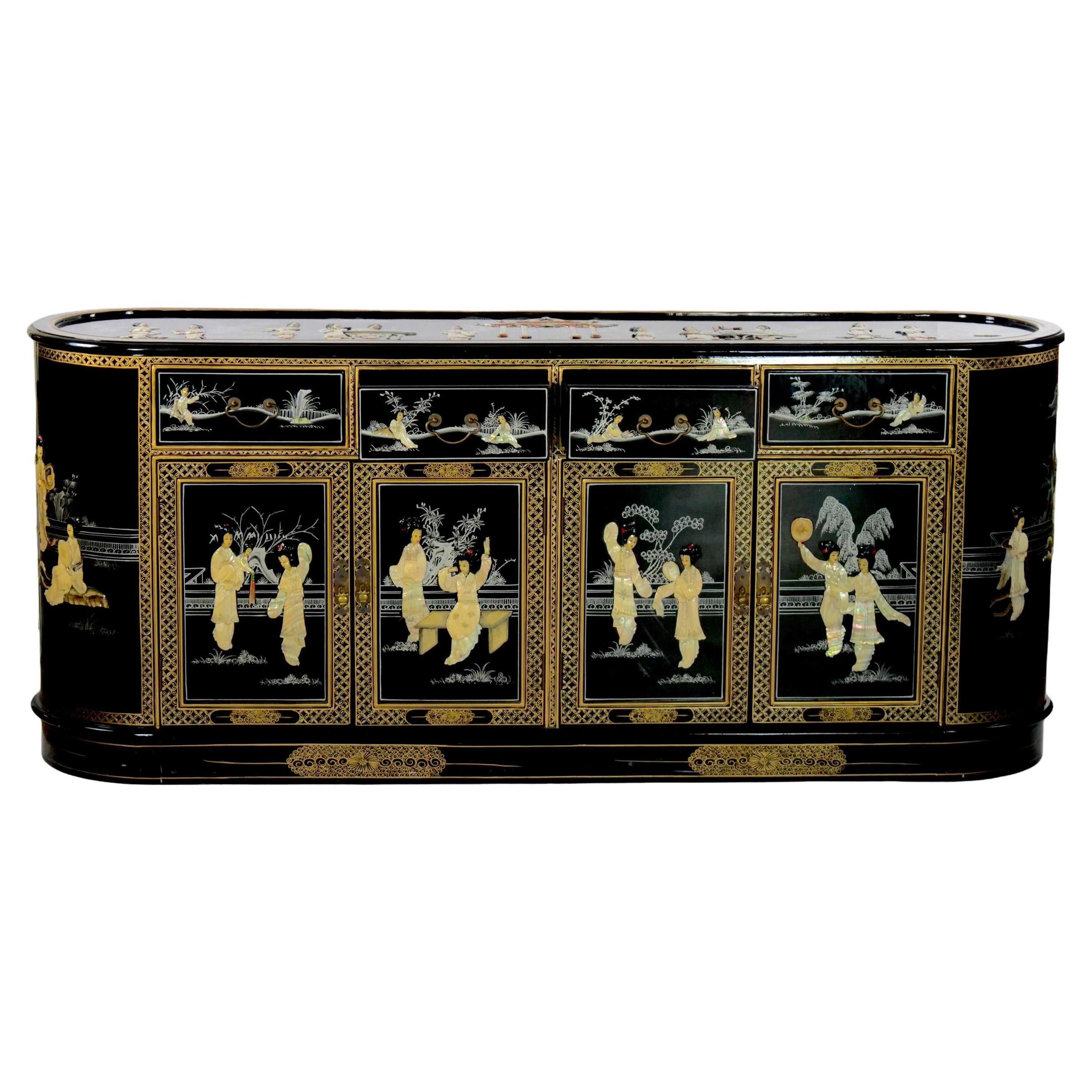 Black Lacquered Wood Hand Painted / Mother of Pearl Credenza For Sale