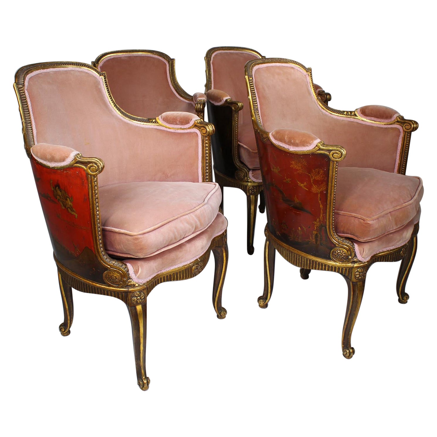Four French Louis XV Style Gilt-Wood Carved & Chinoiserie Bergeres, Jansen Attr. For Sale