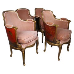 Four French Louis XV Style Gilt-Wood Carved & Chinoiserie Bergeres, Jansen Attr.