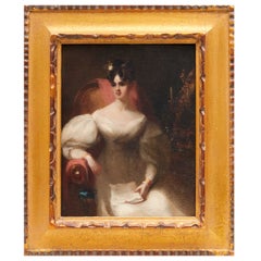 Portrait de jeune femme du 19ème siècle à la manière de George Chinnery (anglaise), huile sur panneau