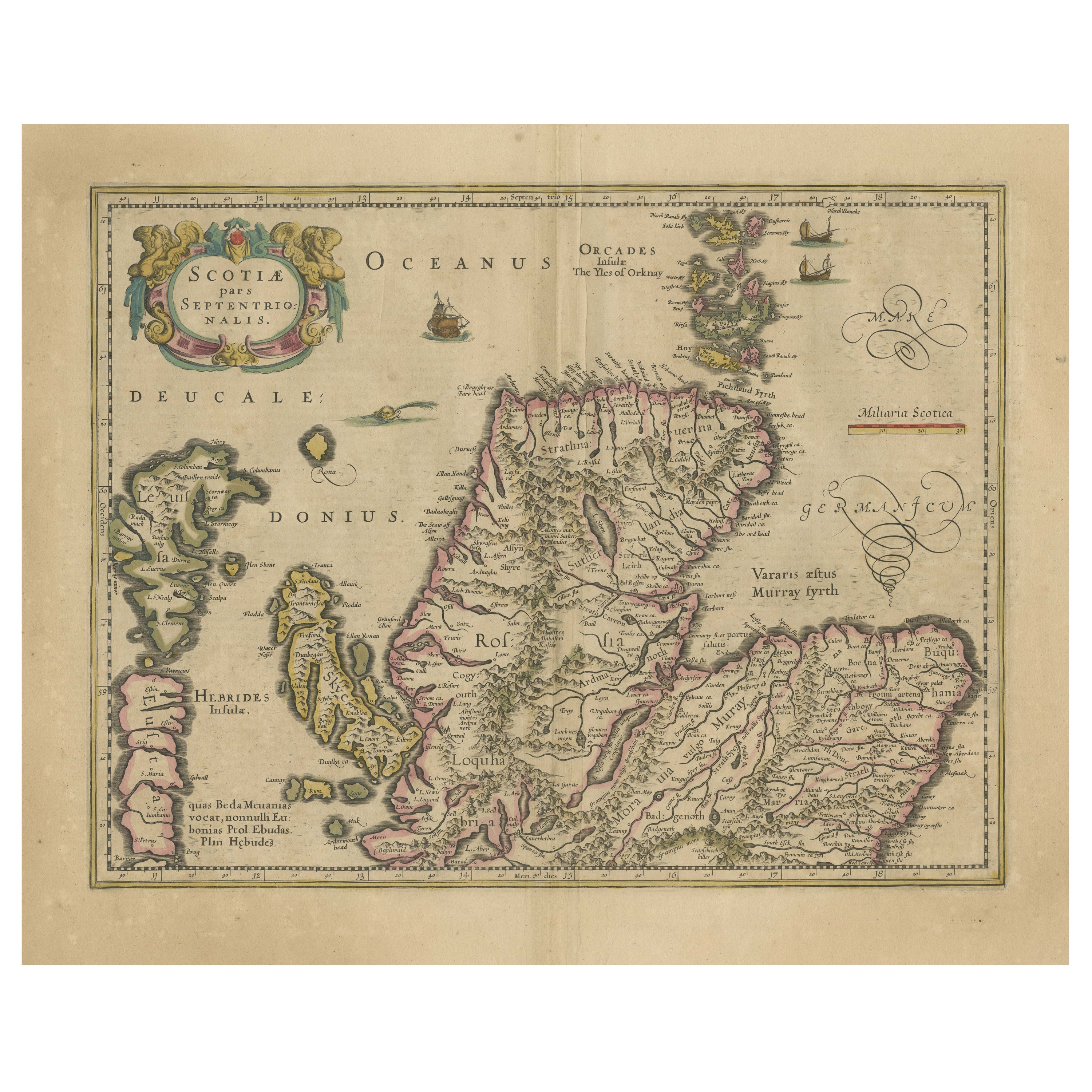 Mappa antica originale della parte settentrionale della Scozia, circa 1640