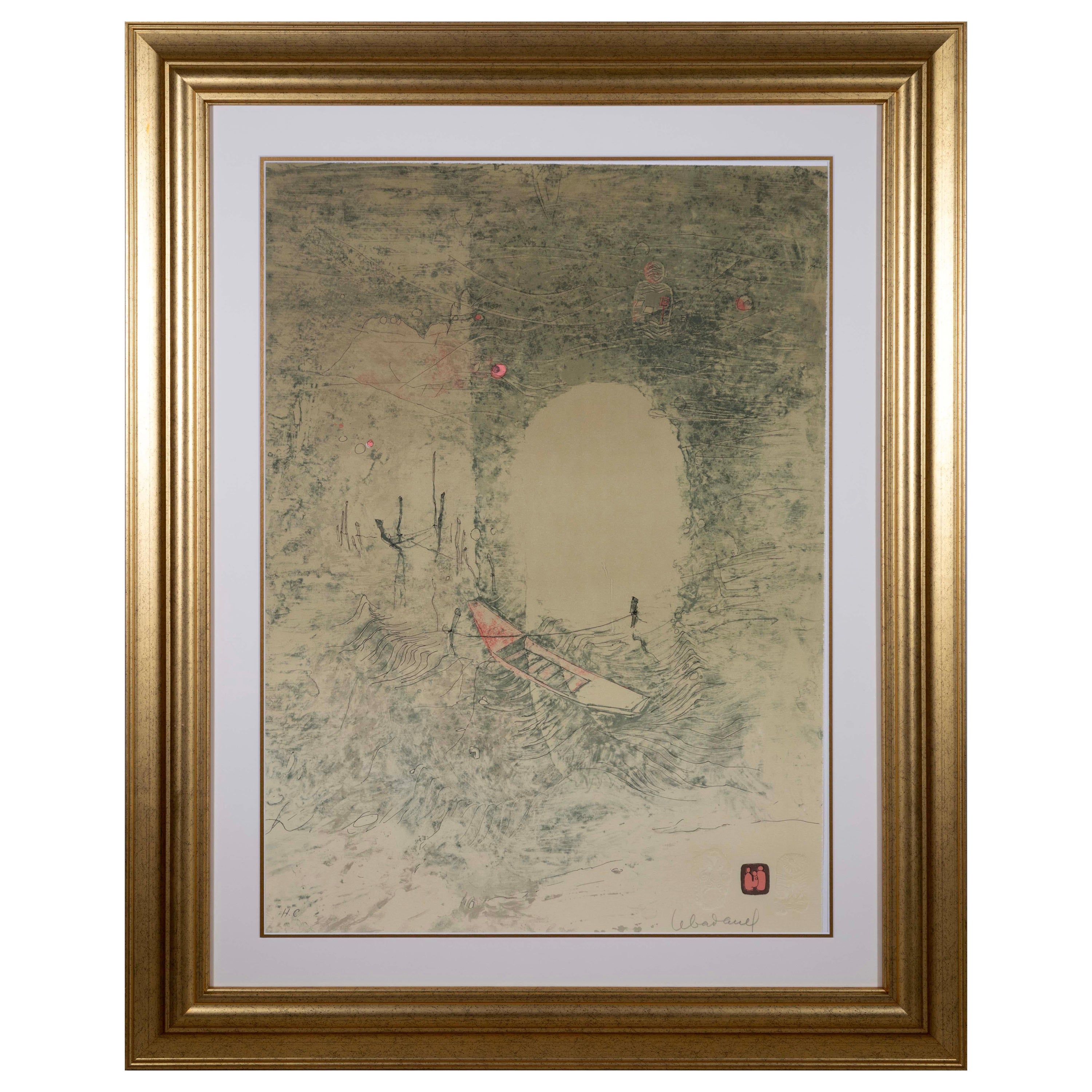 Lebadang Boat at Docks Signed Modern Lithograph with Intaglio H.C. Framed For Sale
