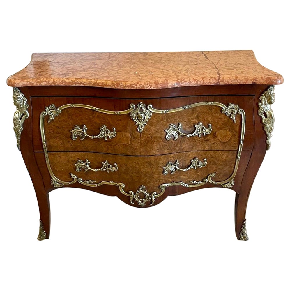 Antique Victorian French Quality Burr Walnut Marble Top Ormolu Mounted Commode For Sale