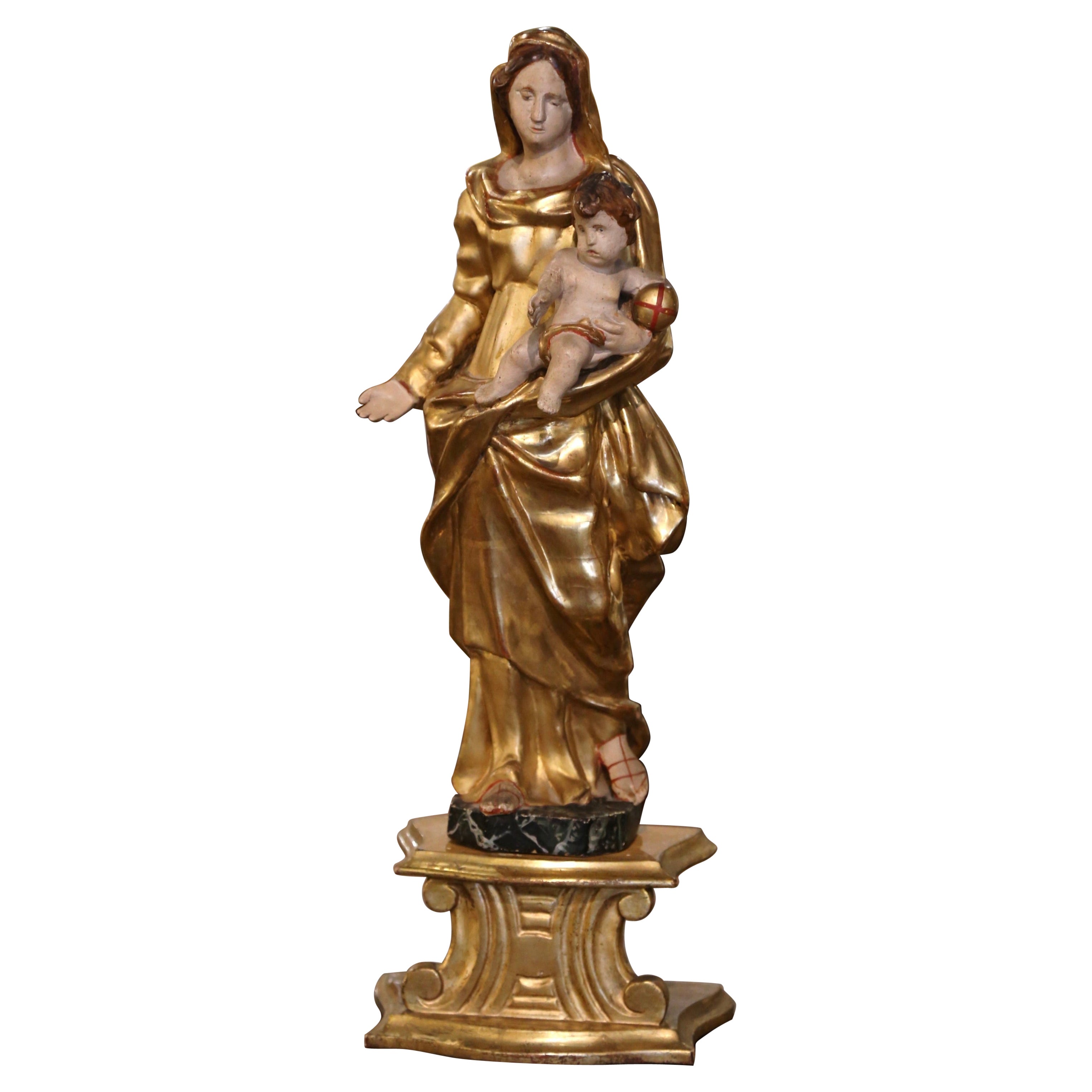 18th Century French Carved Giltwood & Polychrome "Mother and Child" with Base For Sale