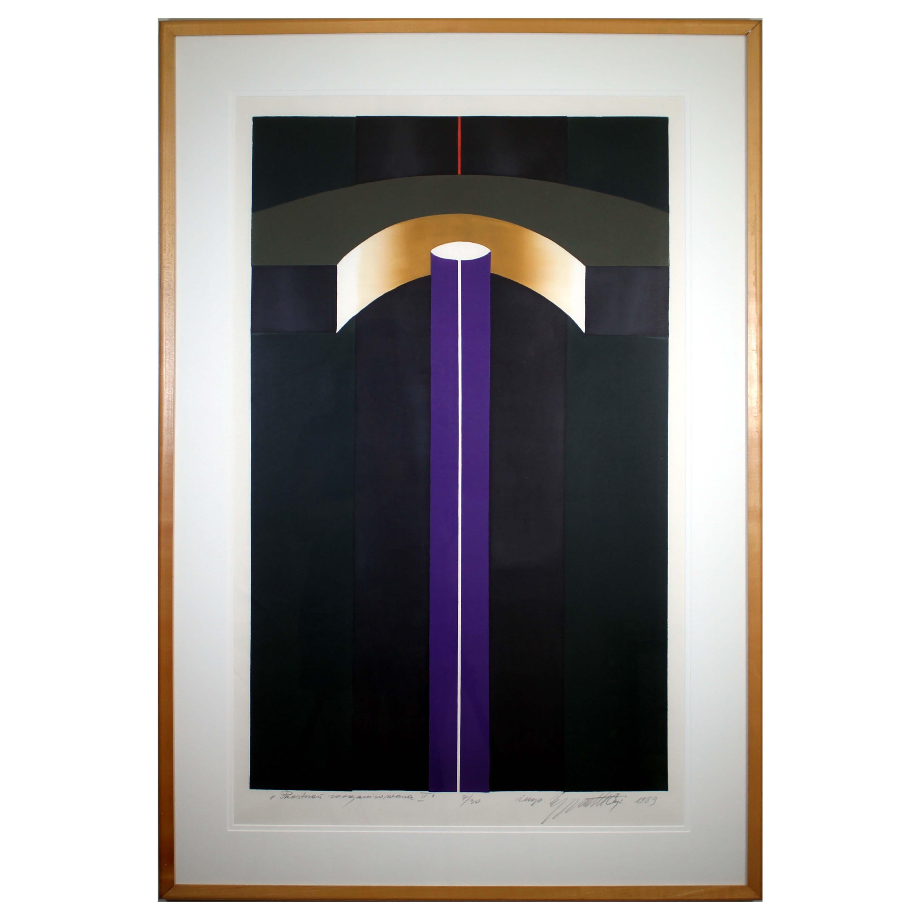 Zygmunt Czyz Surrealist Abstract Shapes Signed Linocut on Paper 7/30 Framed 1989 For Sale