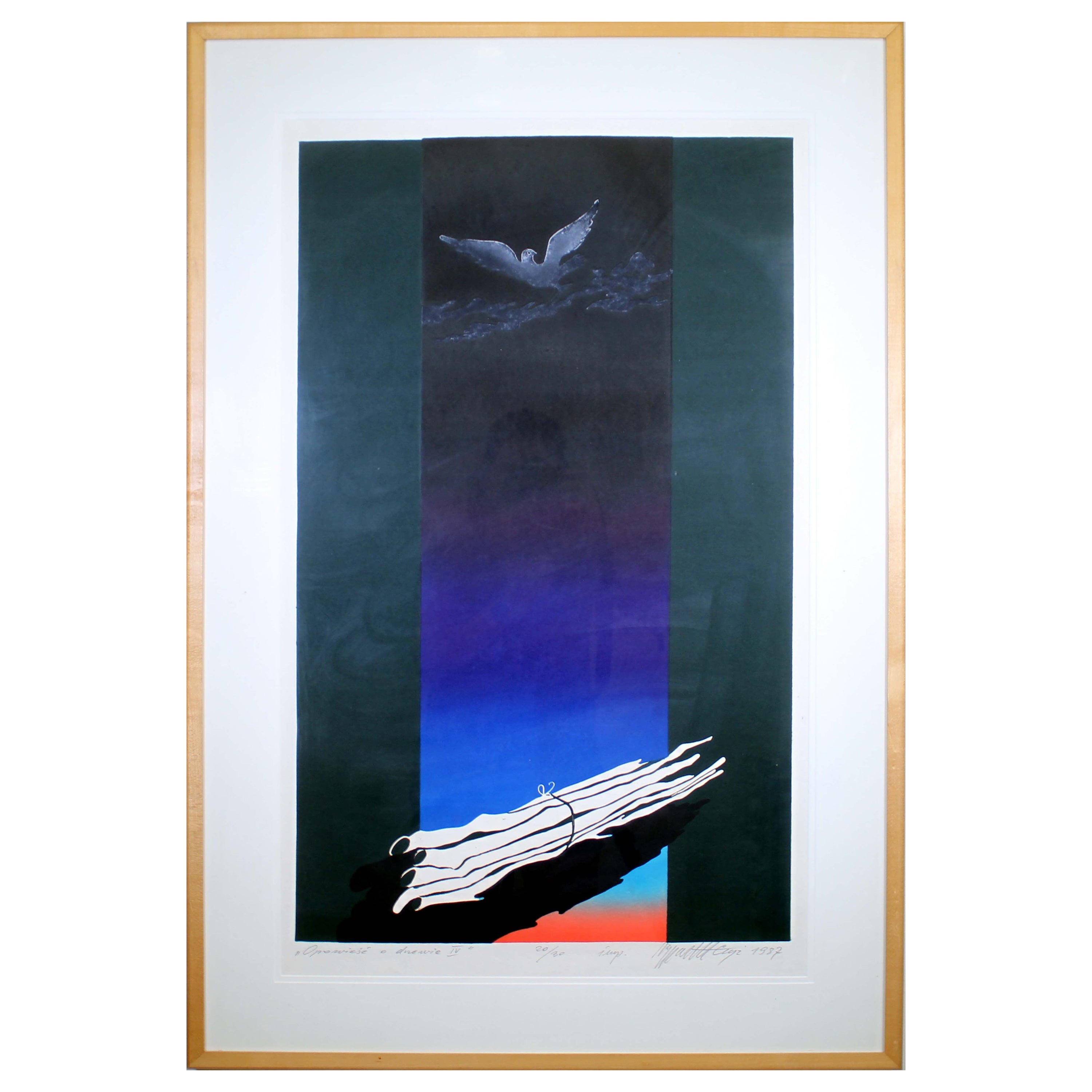 Zygmunt Czyz Surrealist Soaring Dove Signed Linocut on Paper 20/30 Framed, 1987 For Sale