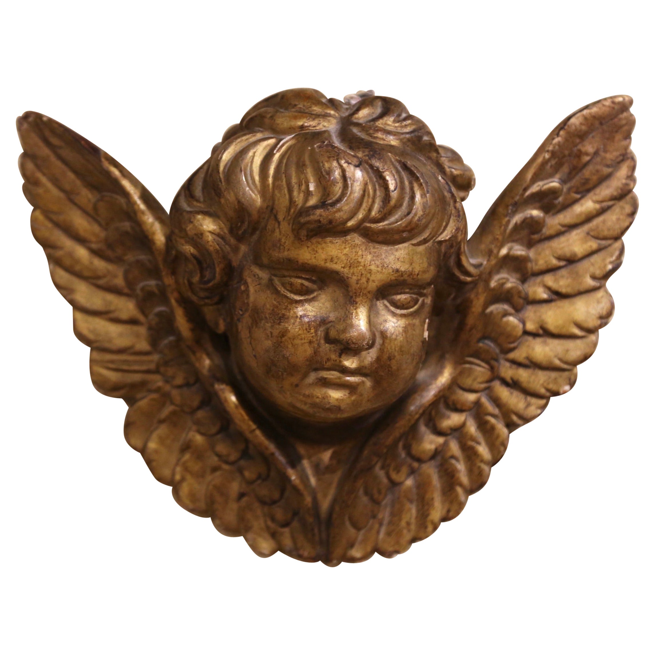 19th Century French Carved Giltwood Wall Hanging Winged Cherub