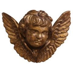 19th Century French Carved Giltwood Wall Hanging Winged Cherub