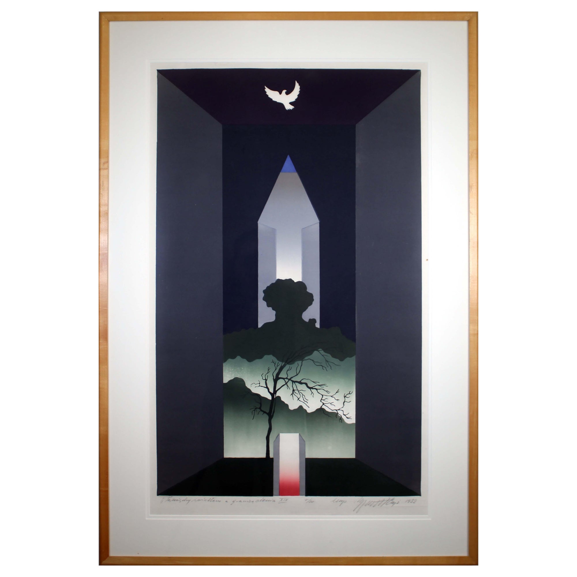 Zygmunt Czyz Surrealist Dove over Tree Signed Linocut on Paper 7/20 Framed 1982 For Sale