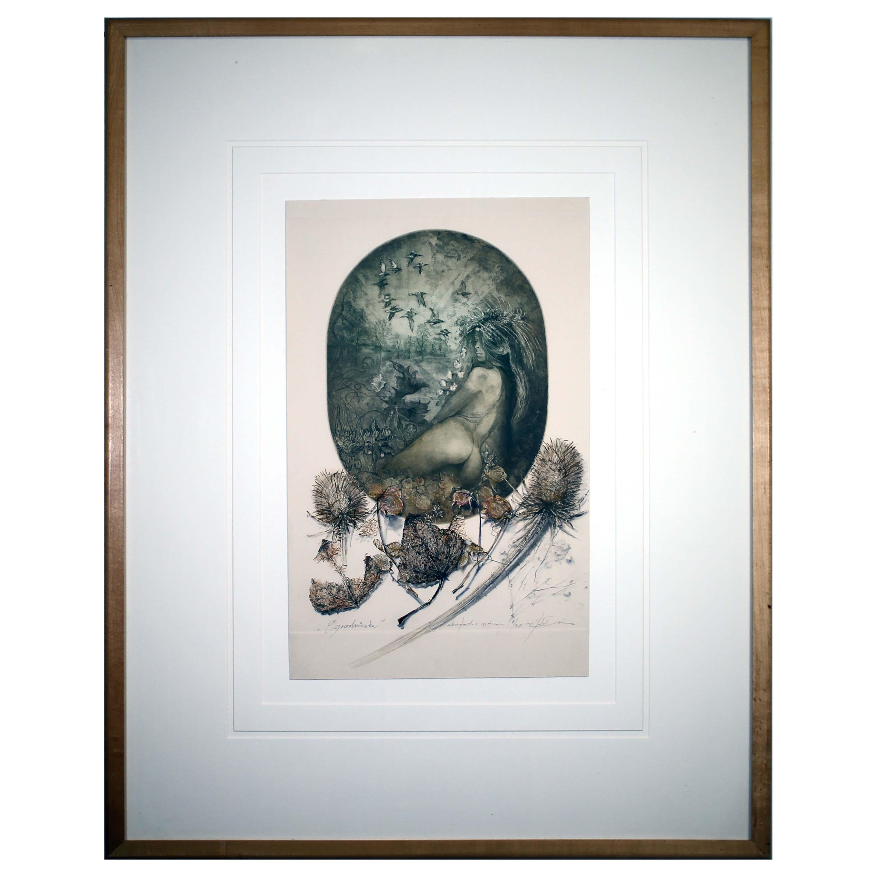 Barbara Rosiak, acquaforte acquatinta firmata 8/30 Nudo di ispirazione Art Nouveau con cornice