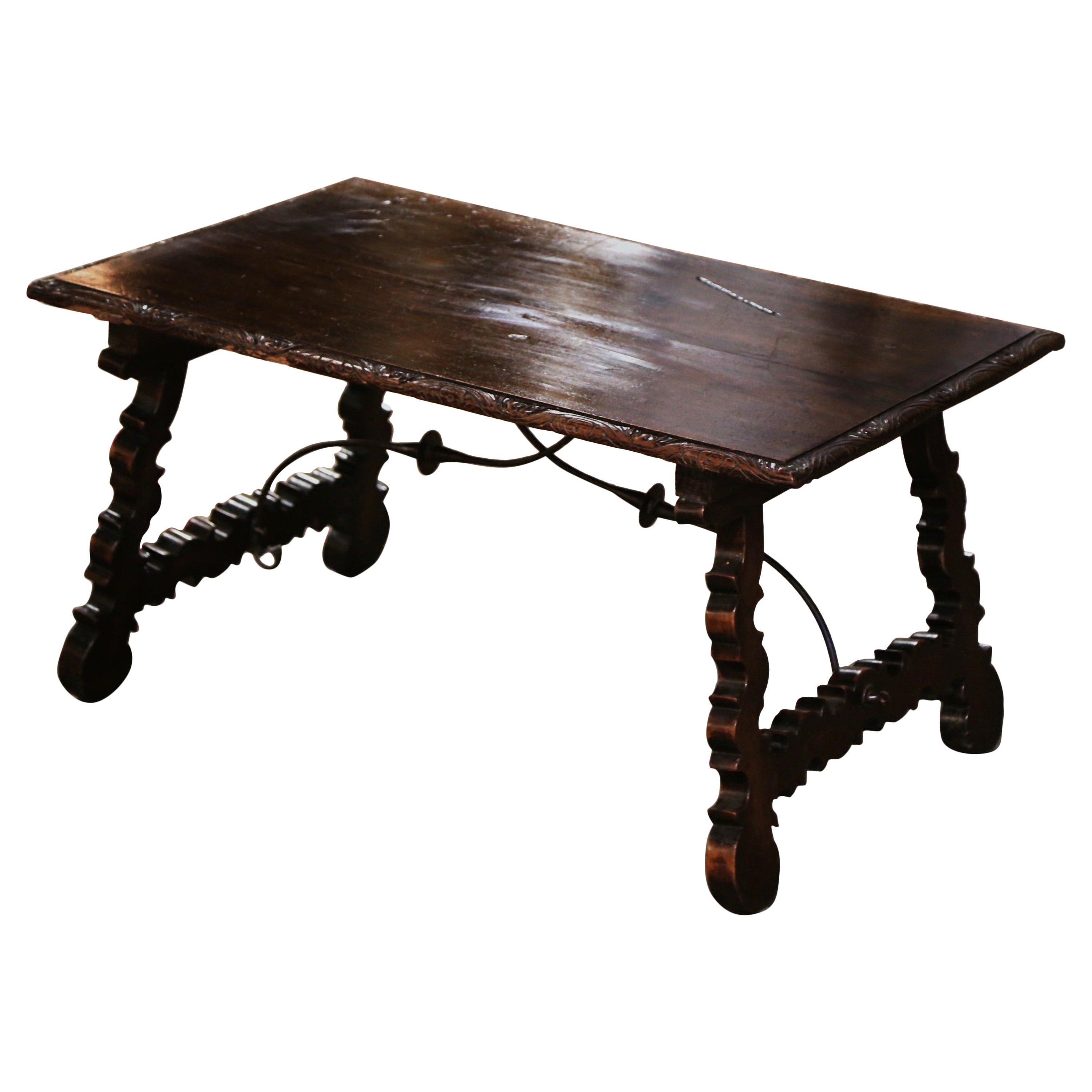 18th Century Spanish Carved Walnut Coffee Table with Iron Stretcher For Sale