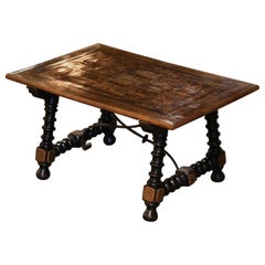 19th Century Italian Carved Marquetry Walnut Coffee Table with Iron Stretcher