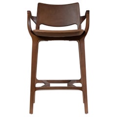 Post Modern Stool in Walnut Finish, Cane Back Leather Seat, Counter or Bar Hight