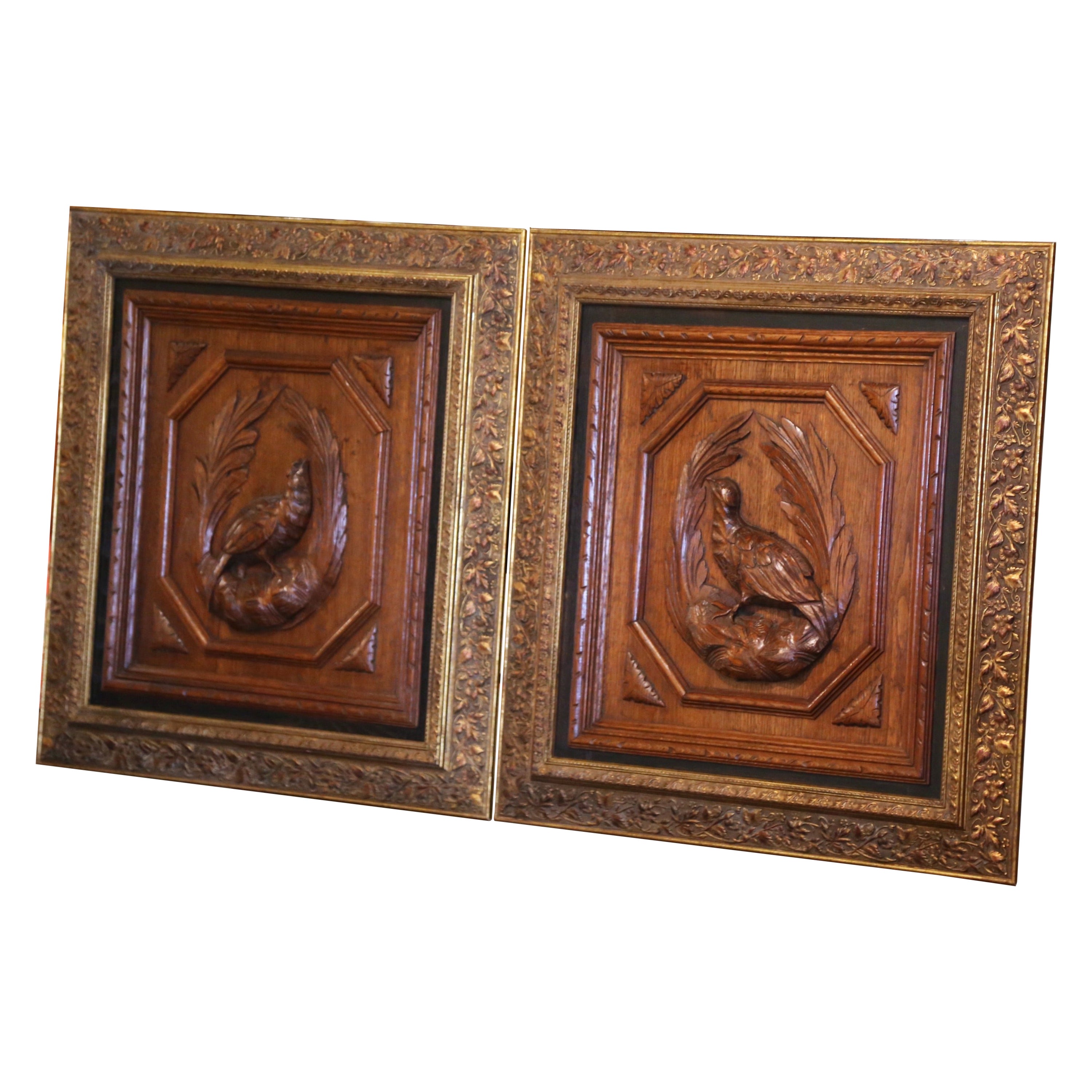 Pair of 19th Century French Carved Oak Wall Panels with Pheasants in Gilt Frames For Sale