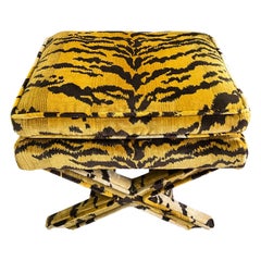 Neo-Classical Style Scalamandre Tiger Velvet Upholstered X-Bench / Ottoman