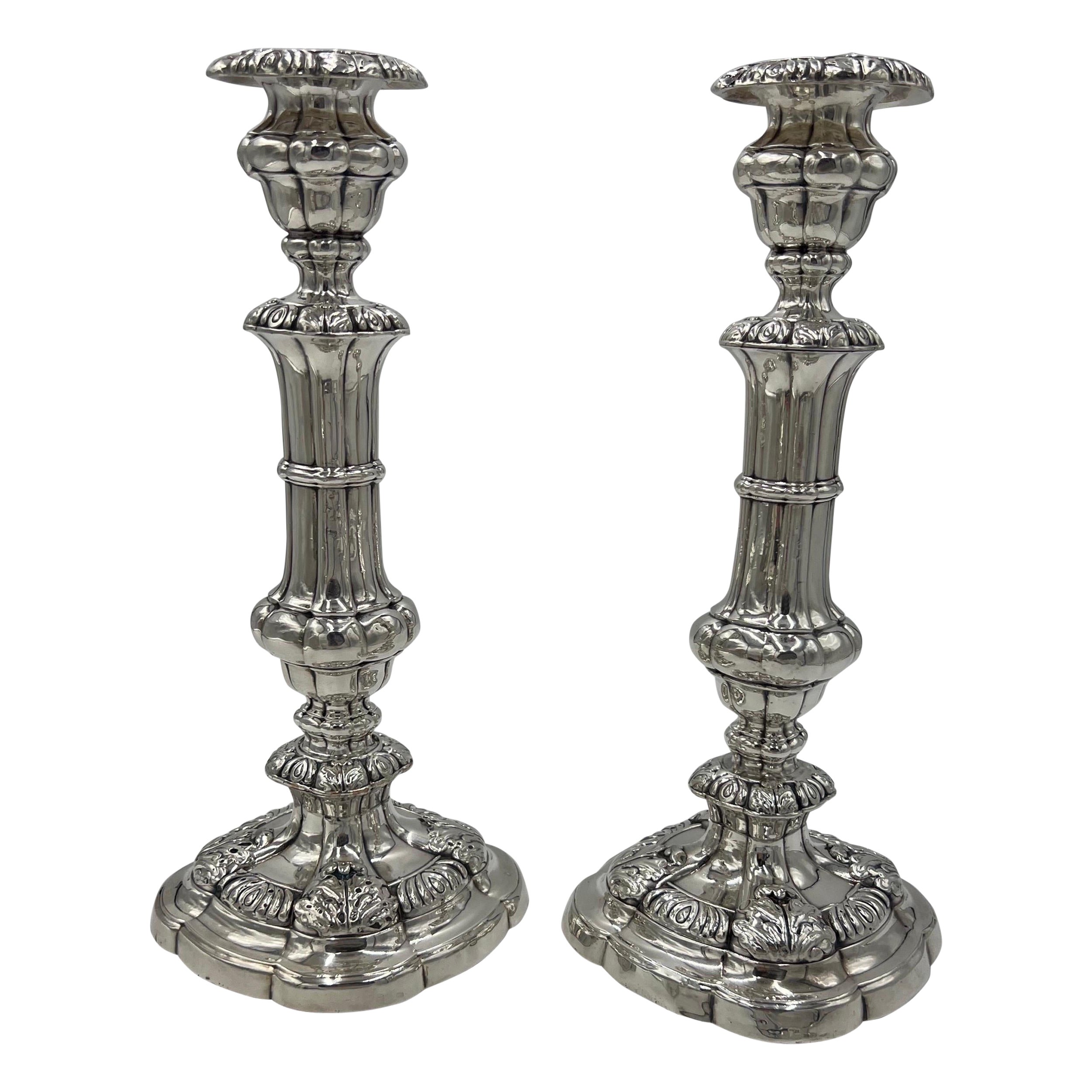 Pair, English George II Sterling Silver Candlesticks w/ Acanthus Leaf Decoration For Sale