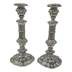 Antique Pair, English George II Sterling Silver Candlesticks w/ Acanthus Leaf Decoration