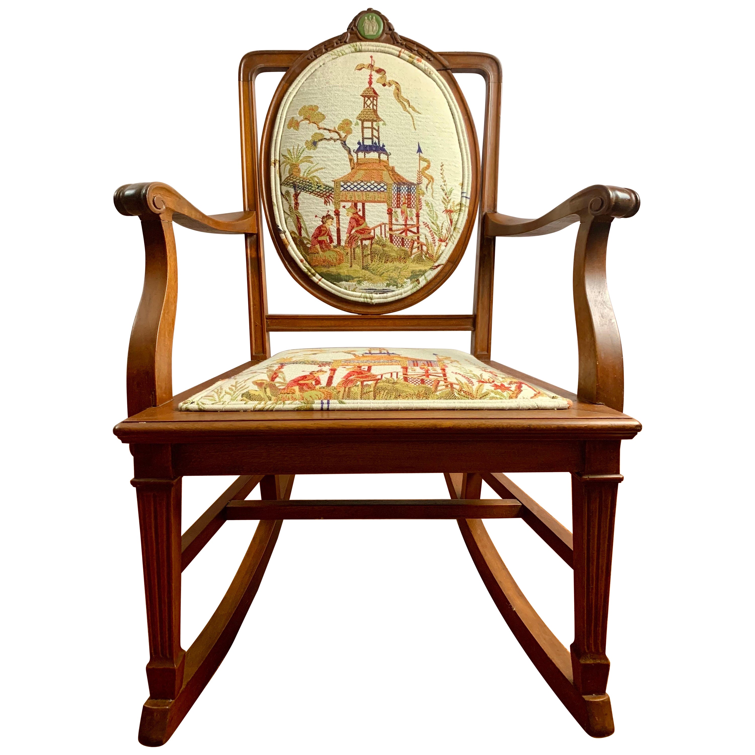 Antique English Chinoiserie Upholstered Rocking Chair w/ Wedgwood Medallion For Sale