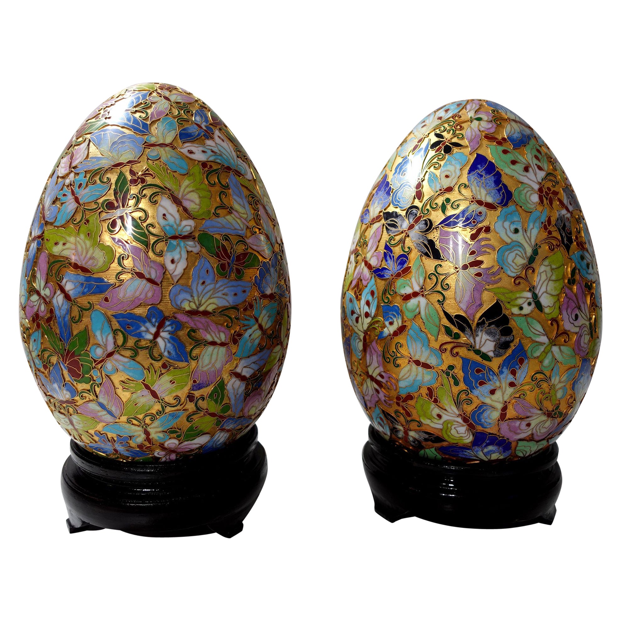 Chinese Huge Pair Cloisonné Enamel Eggs "Hundred Butterflies" with Wood Stands