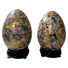 Retro Chinese Huge Pair Cloisonné Enamel Eggs "Hundred Butterflies" with Wood Stands