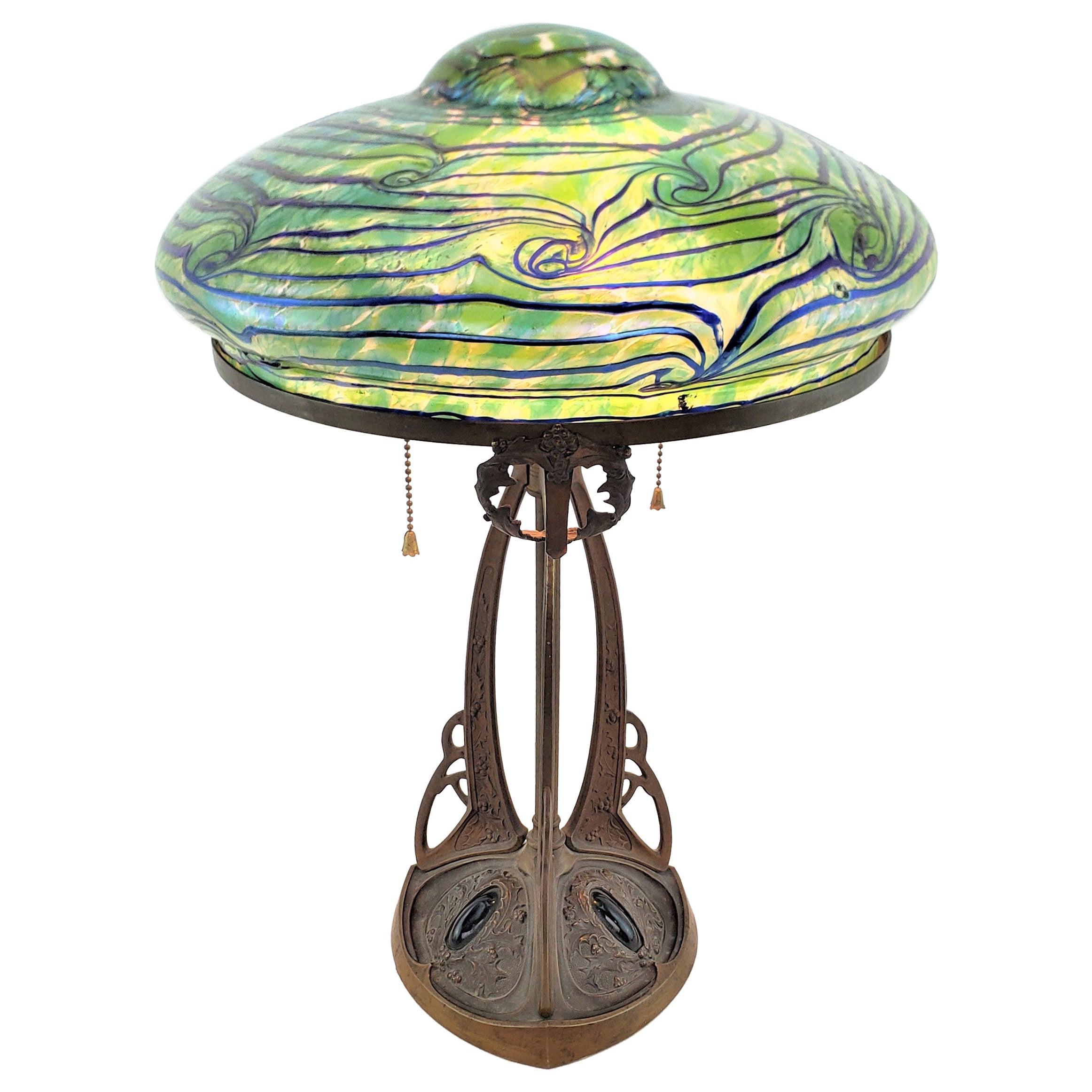 Art Nouveau Austrian Bronze Table Lamp with Loetz Styled Art Glass Shade  For Sale