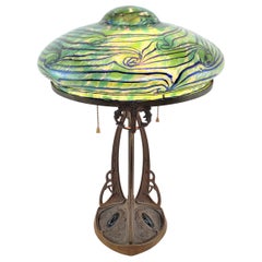 Retro Art Nouveau Austrian Bronze Table Lamp with Loetz Styled Art Glass Shade 