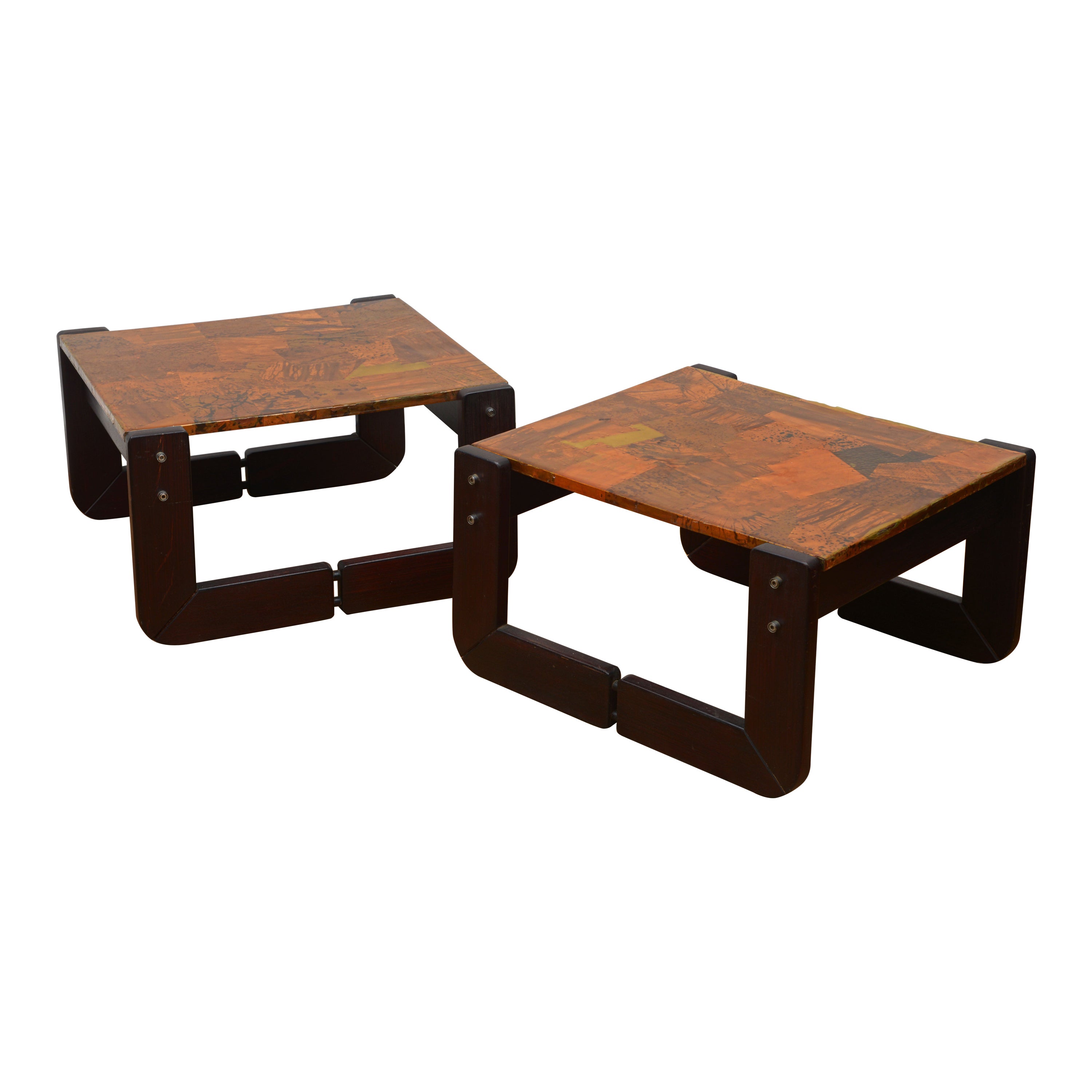 Percival Lafer Copper Patchwork and Rosewood End Tables 1970s, 'Signed' For Sale