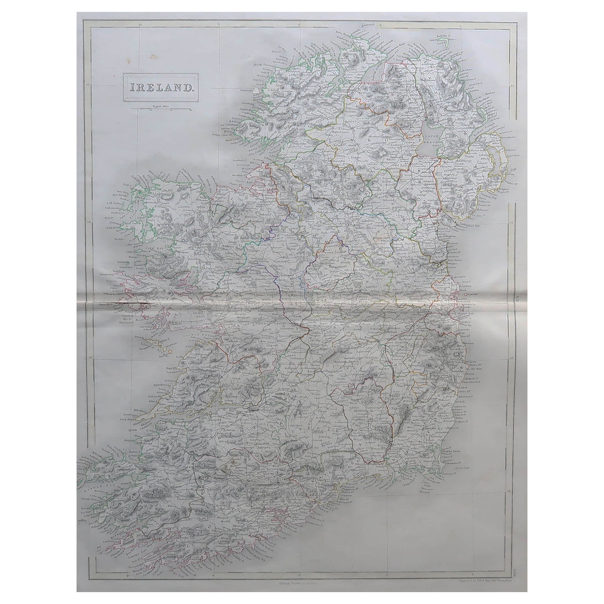 Grande carte ancienne originale d'Irlande par Sidney Hall, 1847