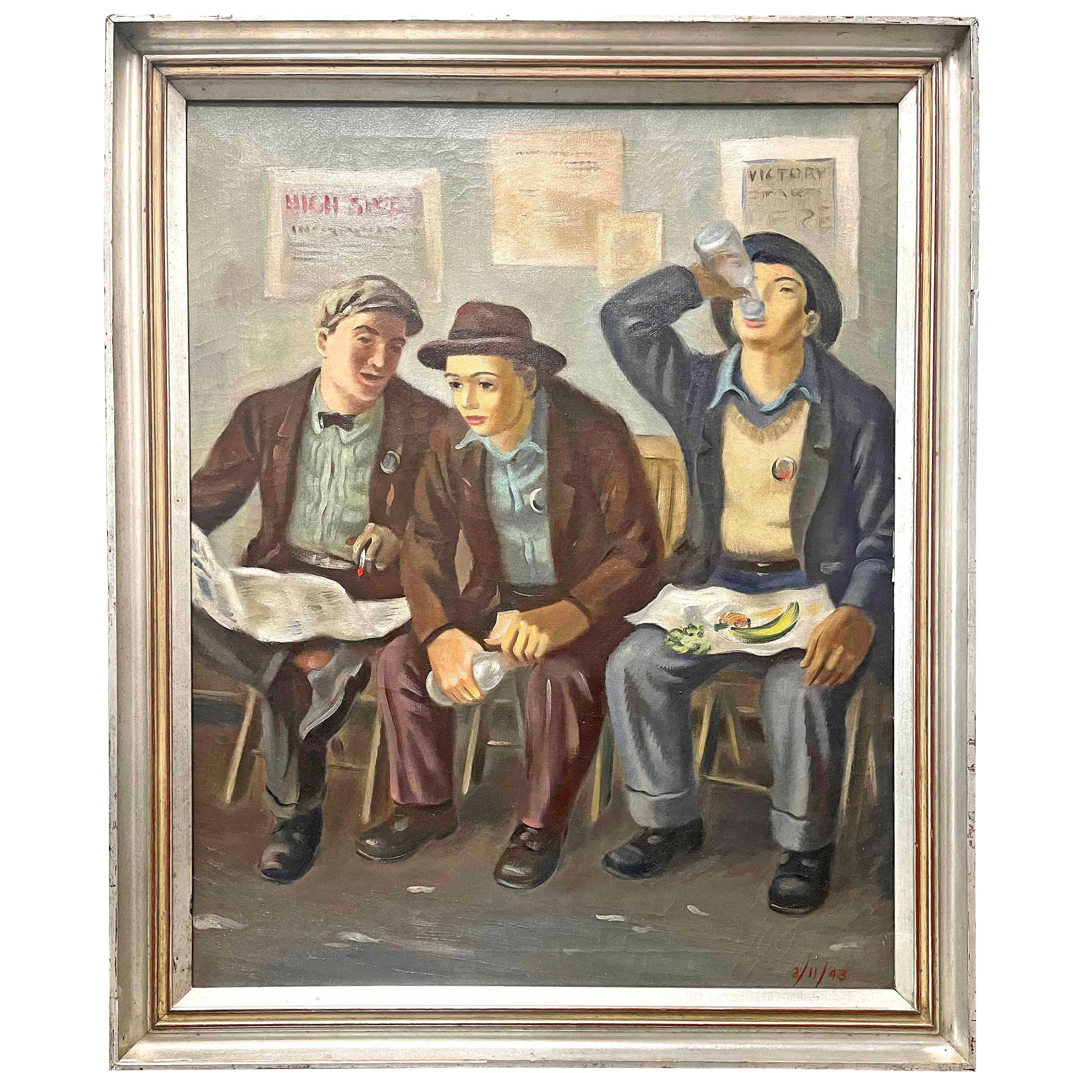 "Waiting at the Station" Superb 1943 American Scene Painting, Indianapolis For Sale