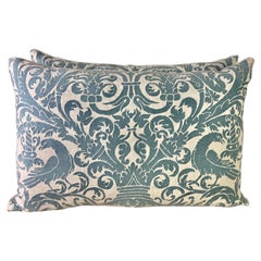 Pair of Pillows with Vintage Blue & White Fortuny Textile with Birds