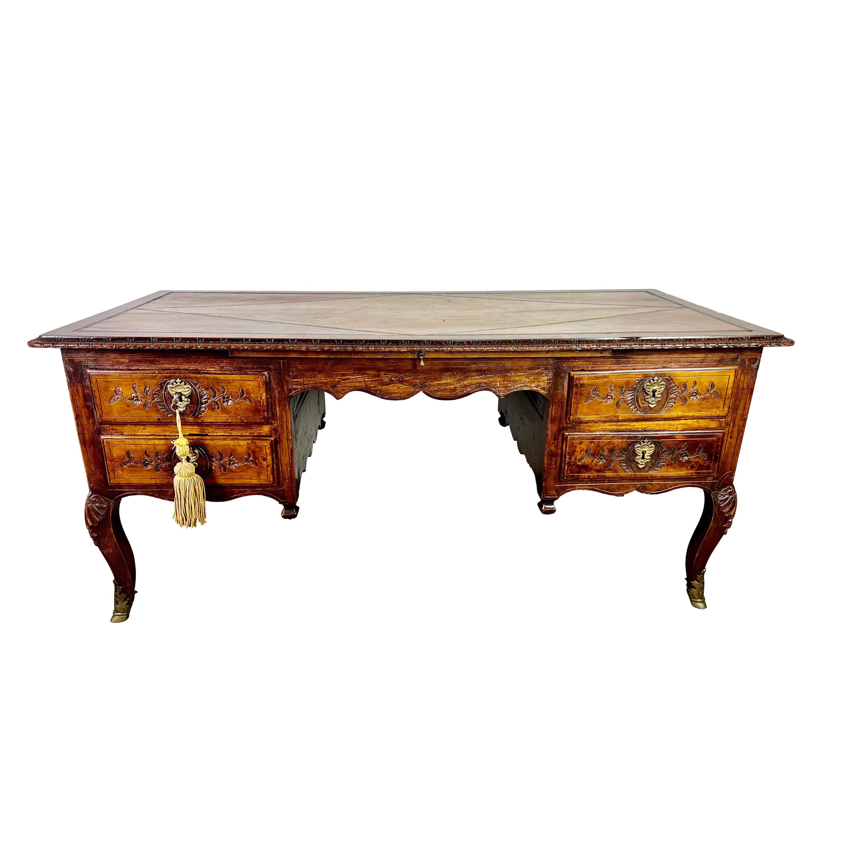18th Century, French Walnut Leather Top Writing Table W/ Bronze Hardware For Sale