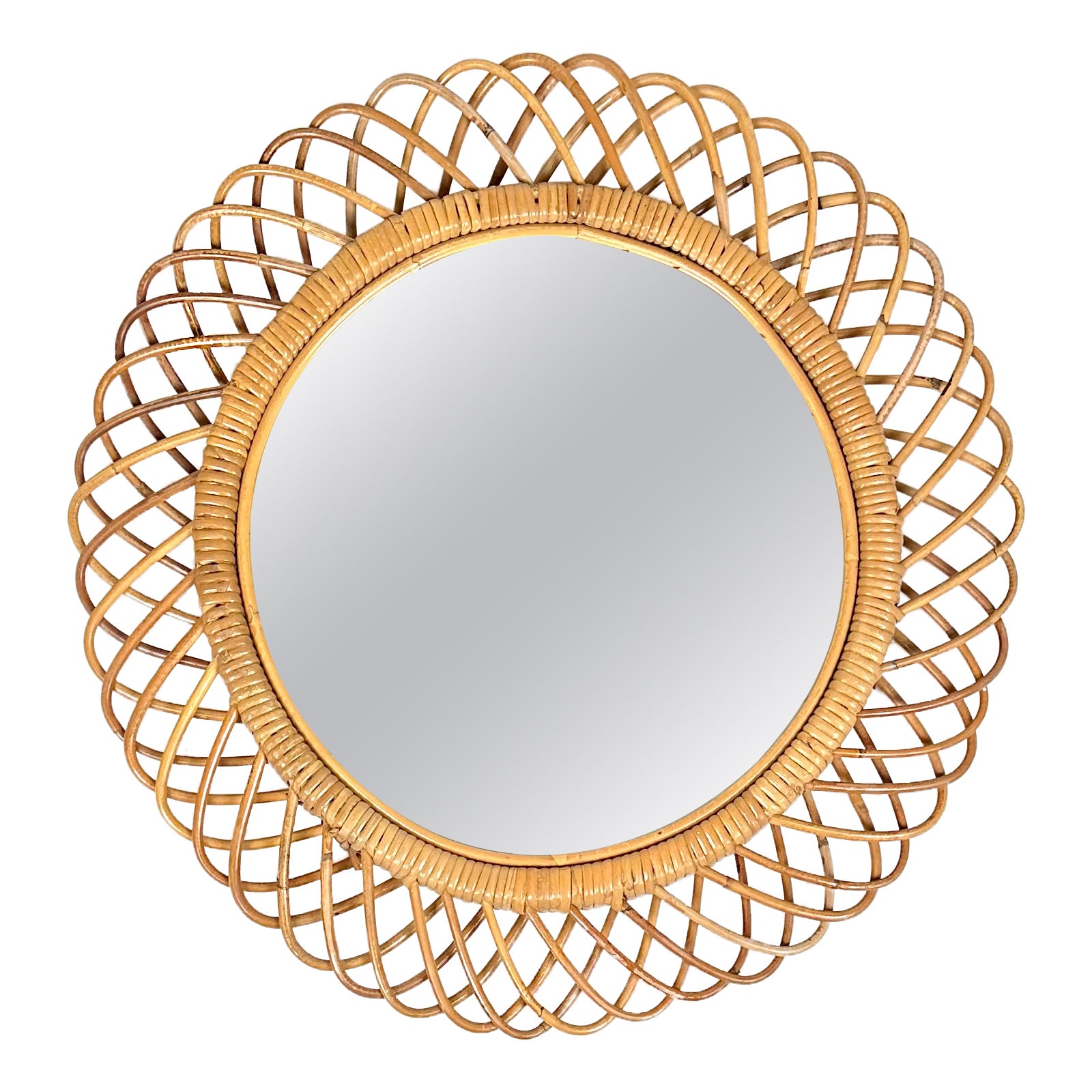 Midcentury Rattan and Bamboo Round Wall Mirror, Italy, 1960s For Sale