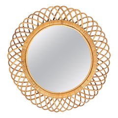 Midcentury Rattan and Bamboo Round Wall Mirror, Italy, 1960s