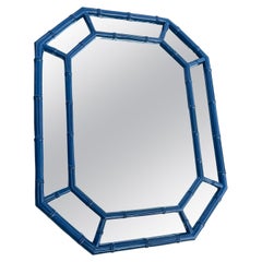 1970s Blue Lacquered Faux Bamboo Mirror