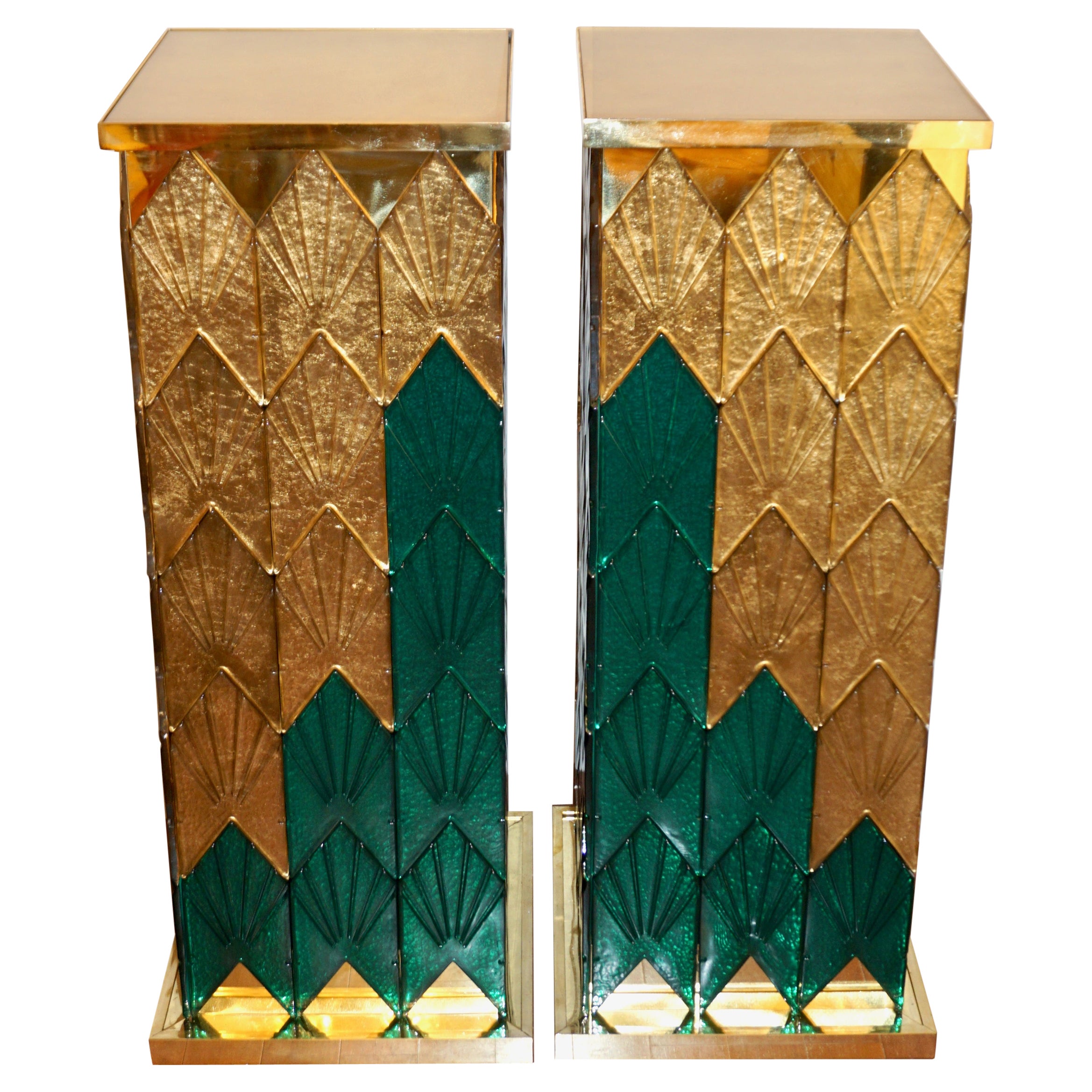 Bespoke Italian Art Deco Style Green Gold Murano Glass Brass and Wood Pedestals For Sale