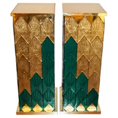 Bespoke Italian Art Deco Style Green Gold Murano Glass Brass and Wood Pedestals